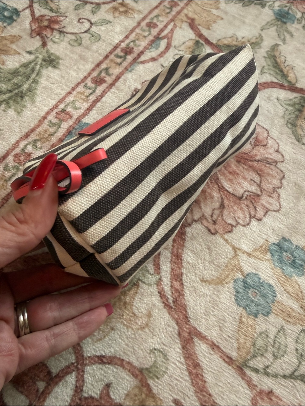 henri bendel Black and Cream Striped Cosmetic Pouch with Coral Accent - Picture 2 of 7